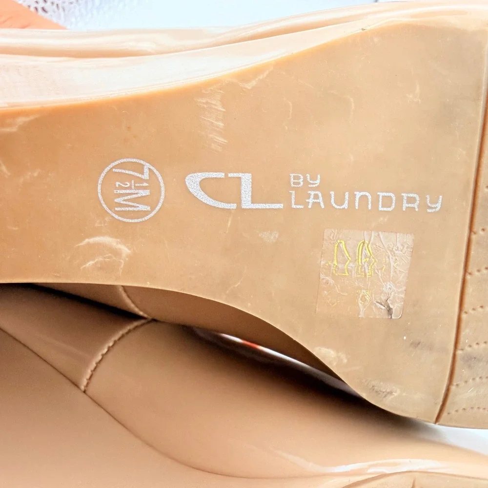 CL Laundry Nolita Peep Toe‎ Wedge Pantent Leather Pumps Womens 7.5 Nude